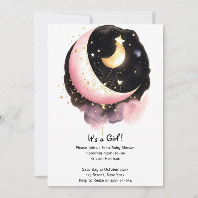 Cosmic Moon Stars Watercolor Girl Baby Shower Invitation (Front)