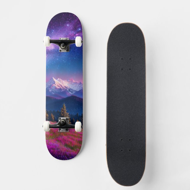 Cosmic Mountain Neon Galaxy Nature Fantasy Skateboard (Front)