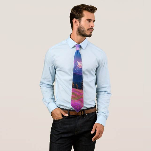 Cosmic Mountain Neon Galaxy Nature Fantasy Tie (In Situ)