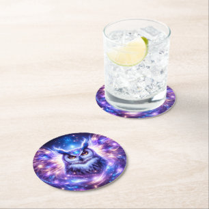 Cosmic Mystical Wisdom Celestial Spiritual Owl Round Paper Coaster