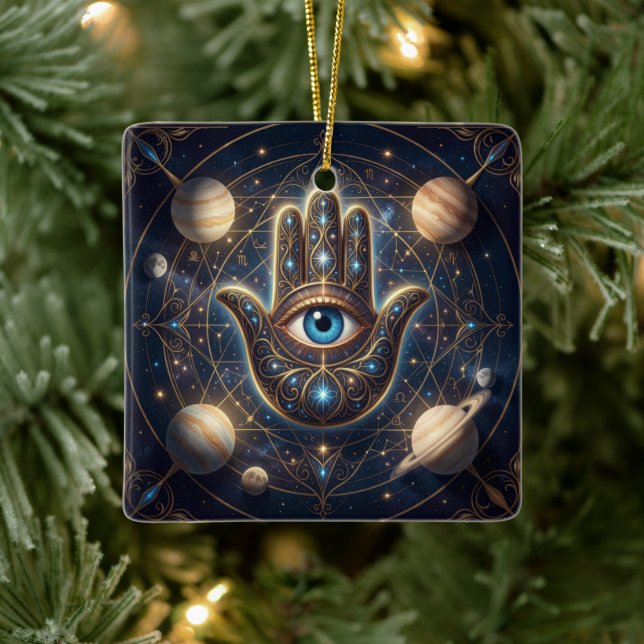 Cosmic Navy Gold Celestial Hamsa Evil Eye Ceramic Ornament (Tree)