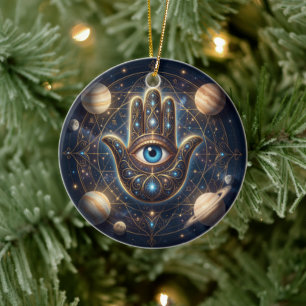 Cosmic Navy Gold Celestial Hamsa Evil Eye Ceramic Tree Decoration