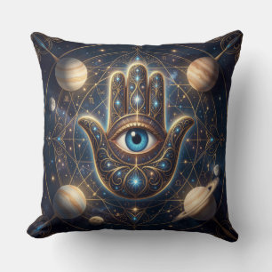 Cosmic Navy Gold Celestial Hamsa Evil Eye Cushion