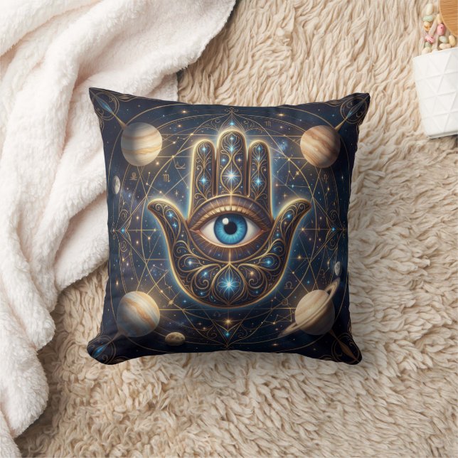 Cosmic Navy Gold Celestial Hamsa Evil Eye Cushion (Blanket)