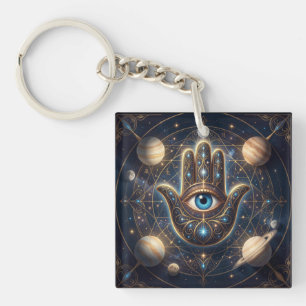 Cosmic Navy Gold Celestial Hamsa Evil Eye Key Ring