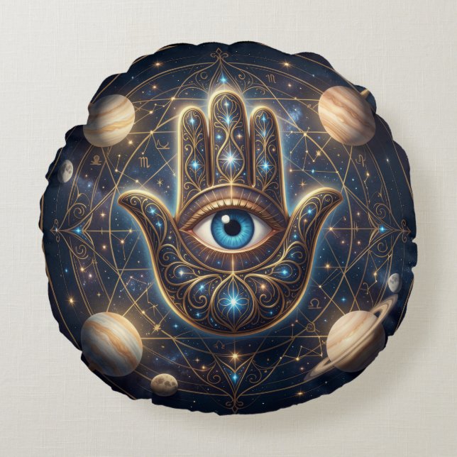  Cosmic Navy Gold Celestial Hamsa Evil Eye Round Cushion (Front)