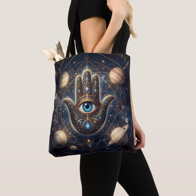  Cosmic Navy Gold Celestial Hamsa Evil Eye Tote Bag (Close Up)