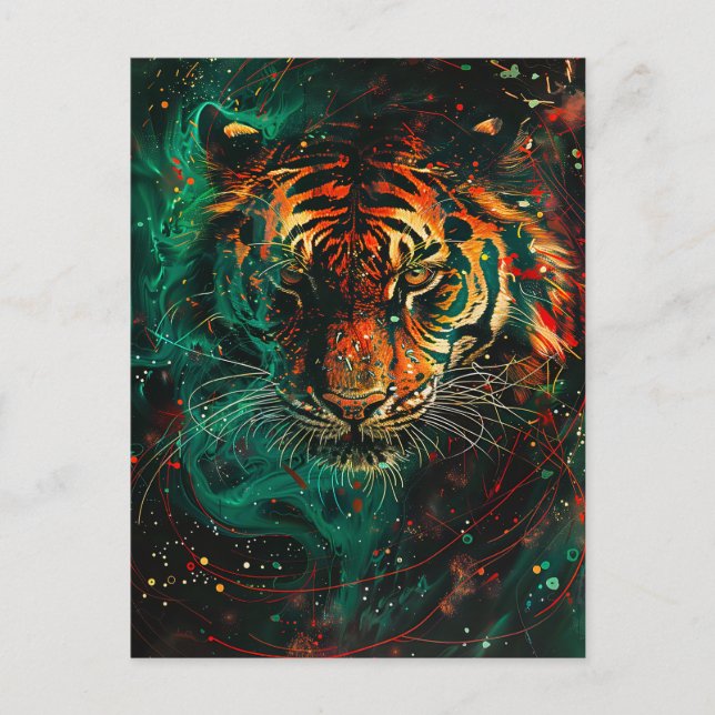 Cosmic Neon Green Tiger Light Trails Postcard (Front)