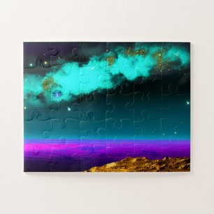 Cosmic Neon Purple Sky Over Imaginary Planet Jigsaw Puzzle