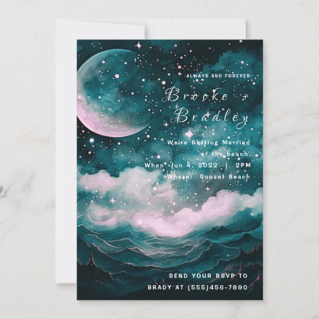 Cosmic Ocean Moon Wedding Invitation (Front)