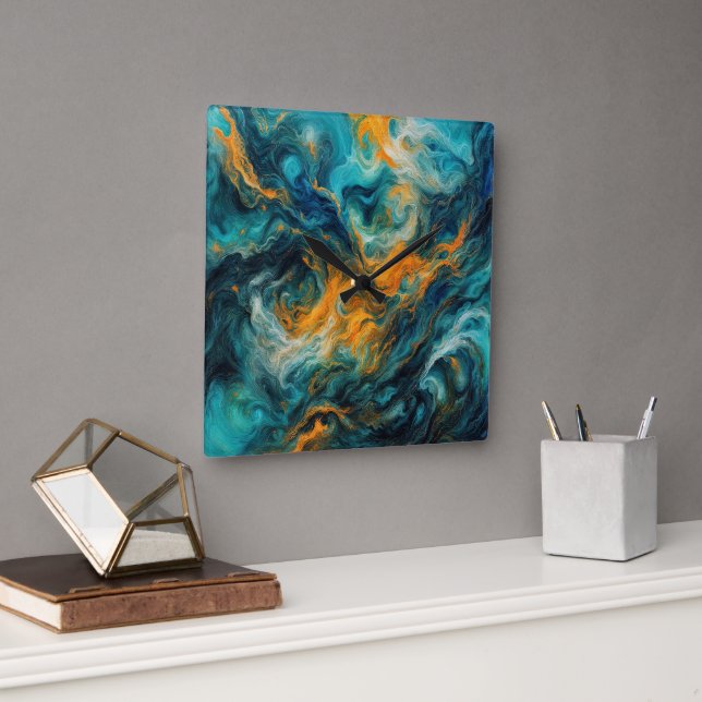 Cosmic Ocean Square – Colourful Abstract Wall Clock (Office)
