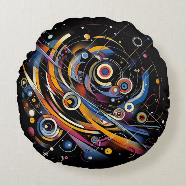 Cosmic Orbit Geometry – Abstract Circle & Line Art Round Cushion (Front)