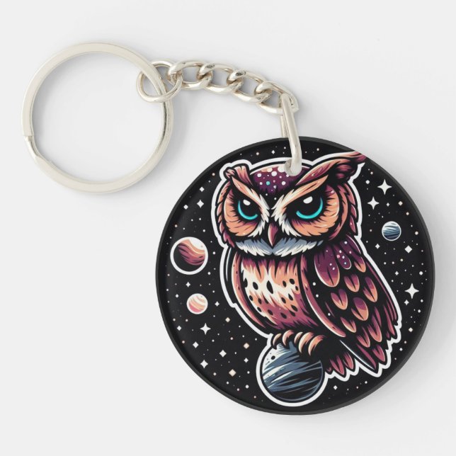 Cosmic Owl Illustration - owl, space, artwork Key Ring (Front)