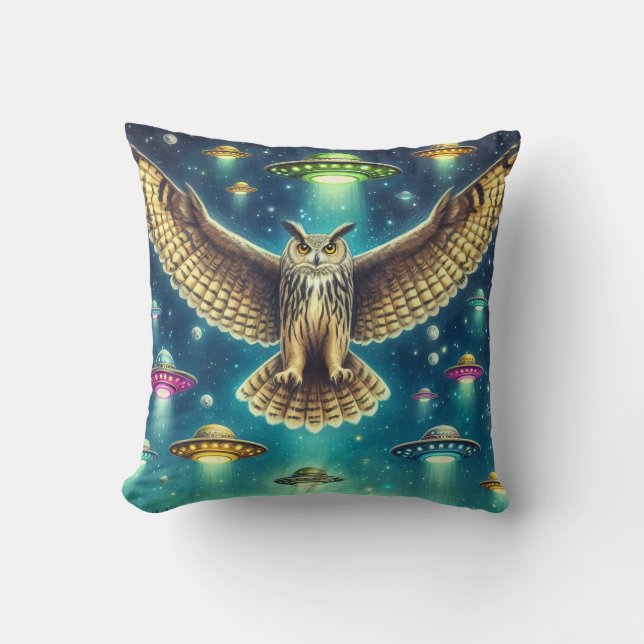 Cosmic Owl Nightscape - UFOs in the sky Cushion (Front)