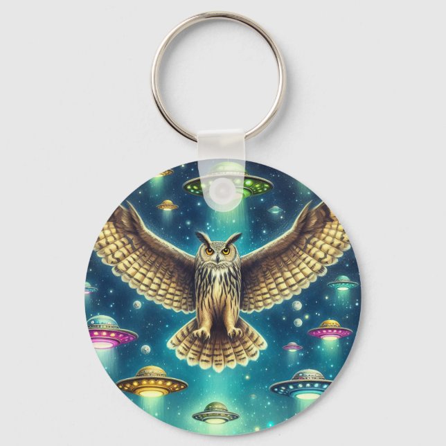 Cosmic Owl Nightscape - UFOs in the sky Key Ring (Front)