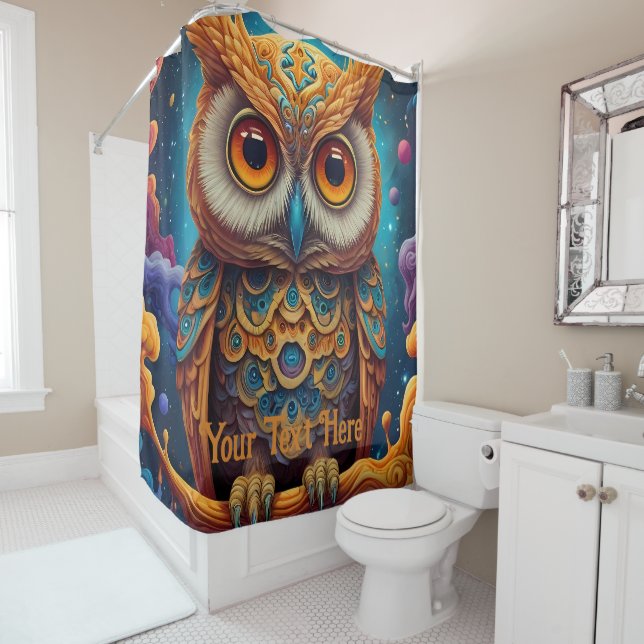 Cosmic Owl: Vibrant Wisdom Shower Curtain (In Situ)