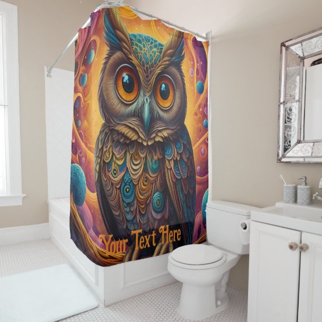 Cosmic Owl: Vibrant Wisdom Shower Curtain (In Situ)