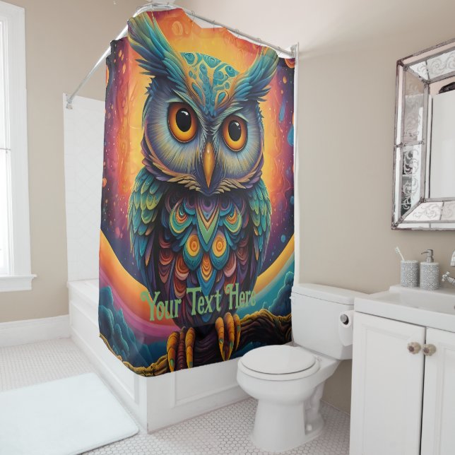 Cosmic Owl: Vibrant Wisdom Shower Curtain (In Situ)