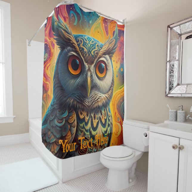 Cosmic Owl: Vibrant Wisdom Shower Curtain (In Situ)