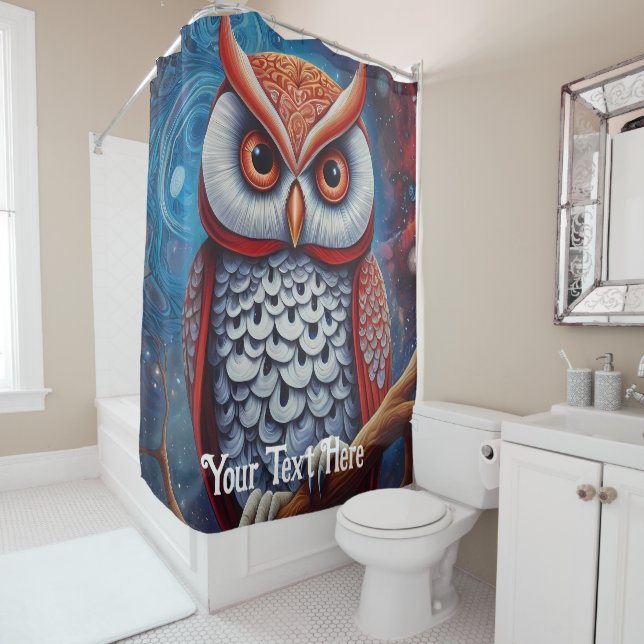 Cosmic Owl: Vibrant Wisdom Shower Curtain (In Situ)