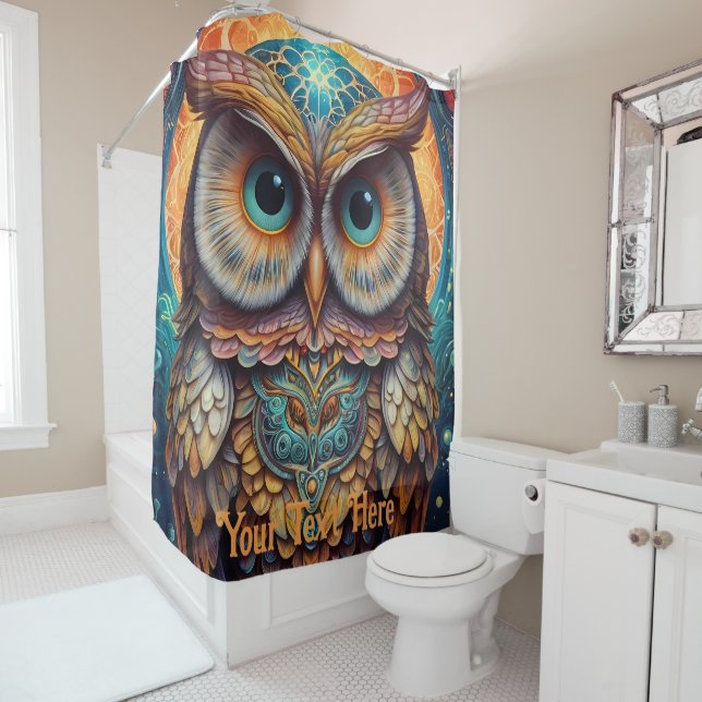 Cosmic Owl: Vibrant Wisdom Shower Curtain (In Situ)