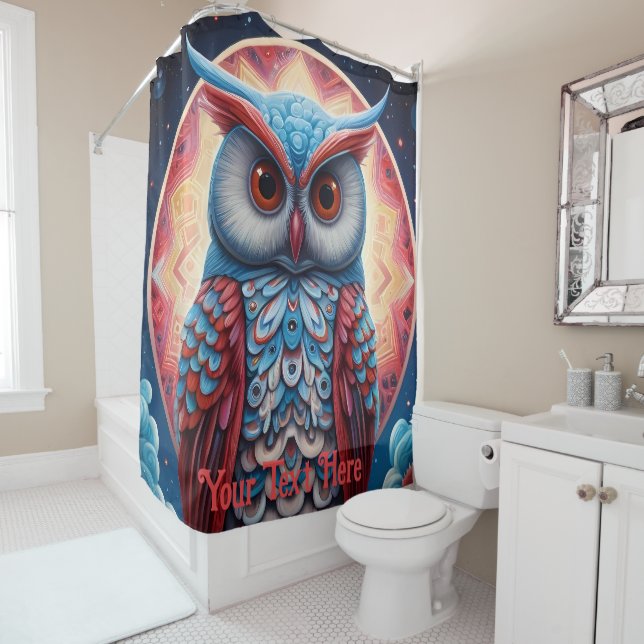Cosmic Owl: Vibrant Wisdom Shower Curtain (In Situ)