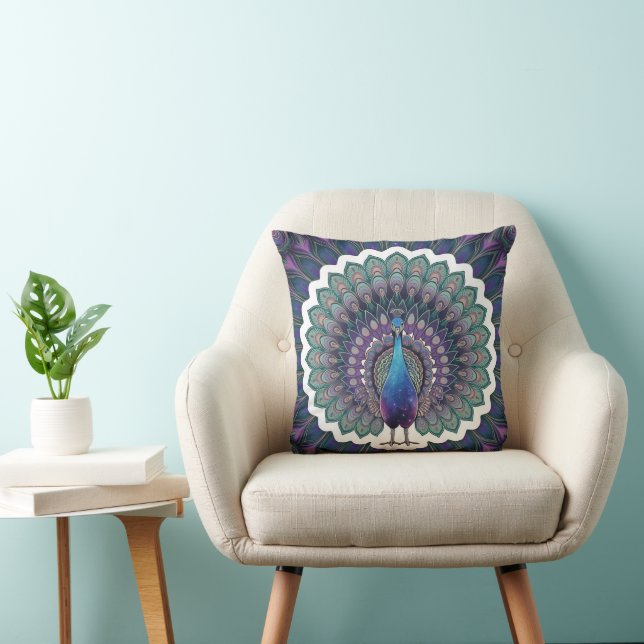 Cosmic Peacock Mandala Throw Pillow (Chair)