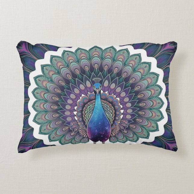 Cosmic Peacock Mandala Throw Pillow (Front)