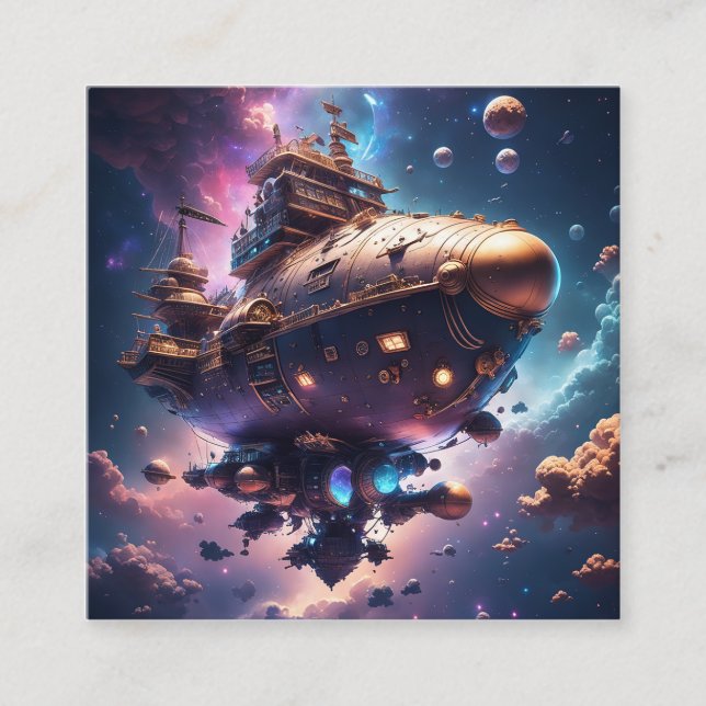 Cosmic pirate ship floating in space square business card (Front)