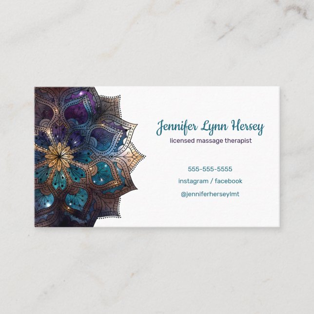 Cosmic Purple Mandala Massage Therapy Business Card (Front)
