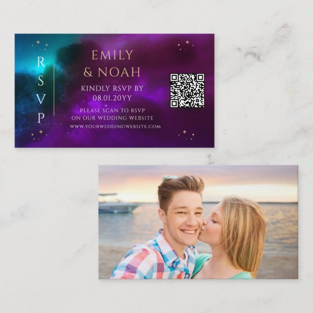 Cosmic Purple Teal Budget QR Code RSVP Photo Enclosure Card (Front/Back)