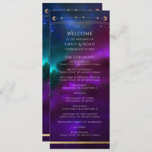 Cosmic Purple Teal Gold Sun Moon Astronomy Wedding Programme