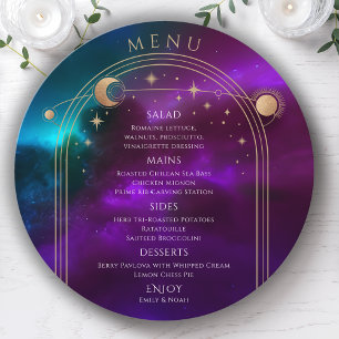 Cosmic Purple Teal Gold Sun Moon Stars Wedding Menu