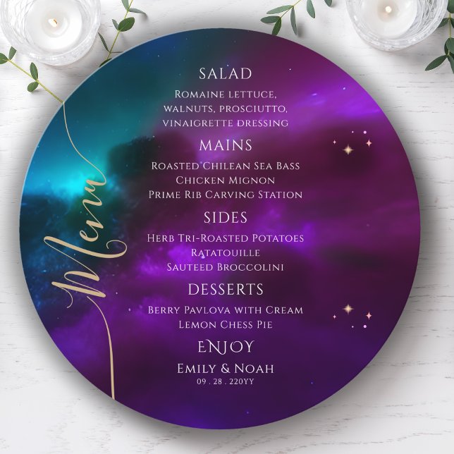 Cosmic Purple Teal Gold Sun Moon Stars Wedding Menu (Creator Uploaded)