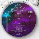 Cosmic Purple Teal Silver Sun Moon Stars Wedding Menu<br><div class="desc">Cosmic Purple Teal Silver Sun Moon Stars Space Wedding Menu Cards features a silver sun, moon and stars frame on a colourful mystical purple, teal and blue cosmic background with your menu details in the centre in modern silver calligraphy script. Personalise by editing the text in the text boxes provided....</div>