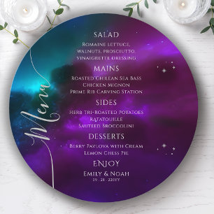 Cosmic Purple Teal Silver Sun Moon Stars Wedding Menu