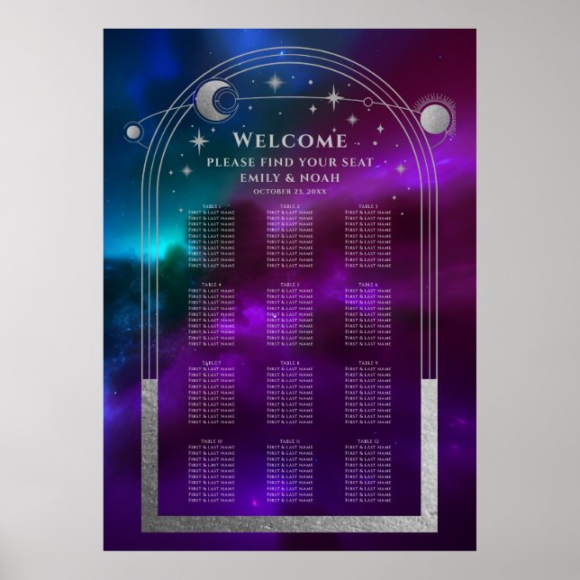 Cosmic Purple Teal Silver Sun Moon Stars Wedding Poster (Front)