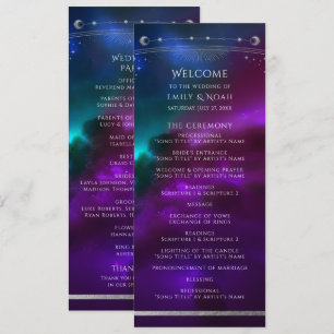 Cosmic Purple Teal Silver Sun Moon Wedding Programme