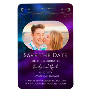 Cosmic Purple Teal Sun Moon Star Save The Date Magnet