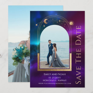 Cosmic Purple Teal Sun Moon Stars Space Save The Date