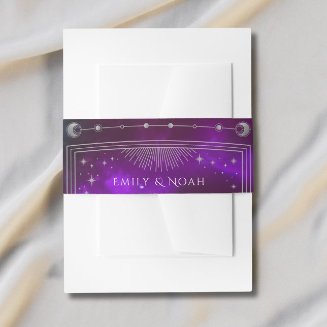 Cosmic Purple Teal Sun Moon Stars Wedding Invitation Belly Band (Creator Uploaded)