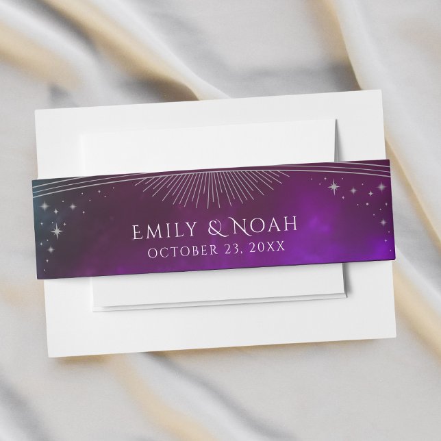 Cosmic Purple Teal Sun Moon Stars Wedding Invitation Belly Band (Creator Uploaded)