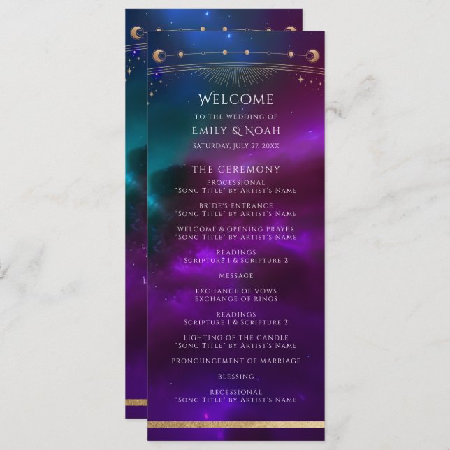 Cosmic Purple Teal Sun Moon Stars Wedding Programme (Front/Back)
