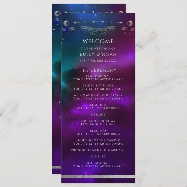 Cosmic Purple Teal Sun Moon Stars Wedding Programme (Front/Back)