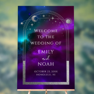 Cosmic Purple Teal Sun Moon Stars Welcome Sign