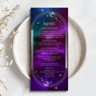 Cosmic Purple Teal Sun Moon Wedding Menu Cards