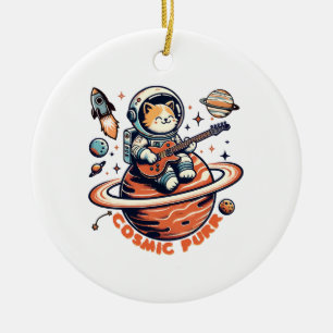 Cosmic Purr - Astro Guitarist Cat Ceramic Tree Decoration