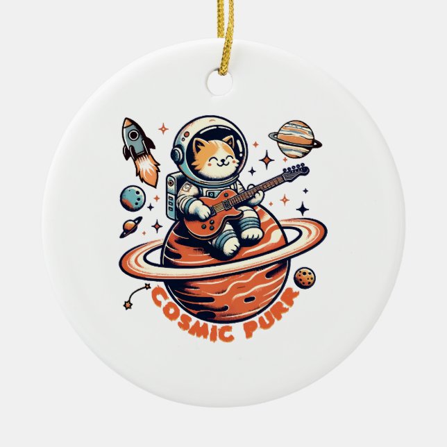 Cosmic Purr - Astro Guitarist Cat Ceramic Tree Decoration (Front)