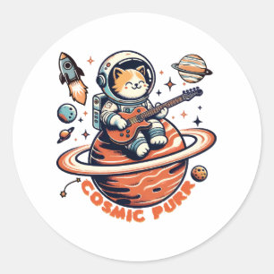 Cosmic Purr - Astro Guitarist Cat Classic Round Sticker