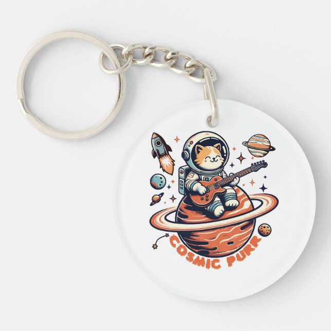 Cosmic Purr - Astro Guitarist Cat Key Ring (Front)